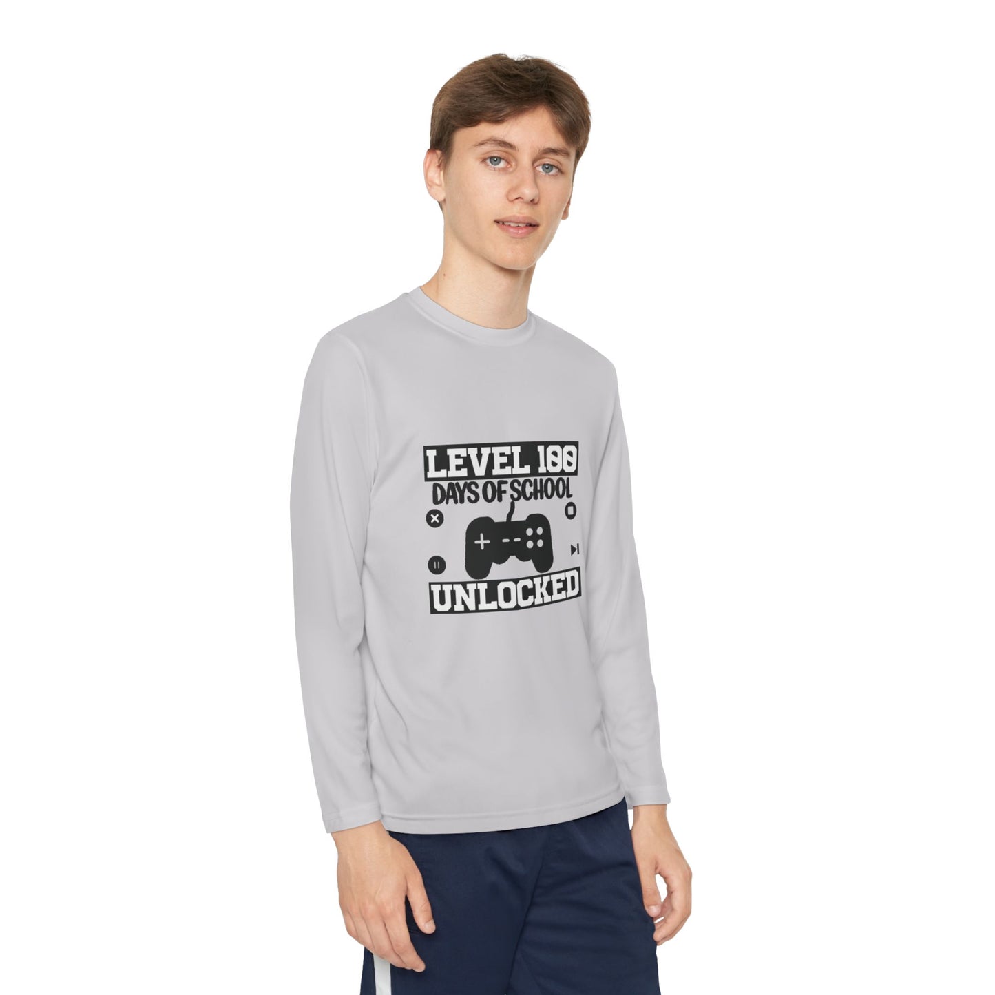 Youth Long Sleeve Tee — "Level 100 Days of School Unlocked" Gamer Shirt