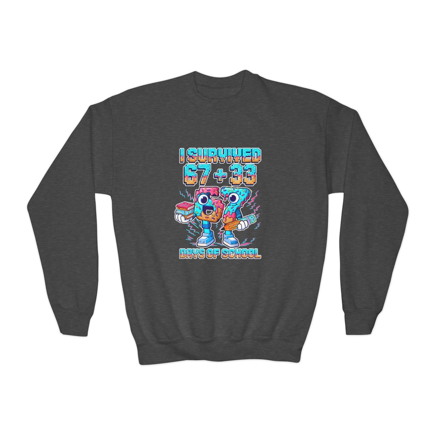 Youth Crewneck Sweatshirt — "I Survived 67 + 33 Days of School" Cute Cartoon Character End-Of-School Sweatshirt