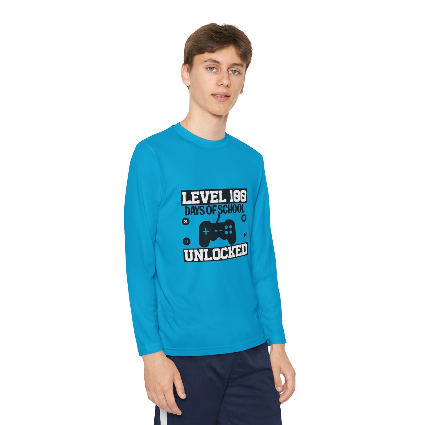 Youth Long Sleeve Tee — "Level 100 Days of School Unlocked" Gamer Shirt