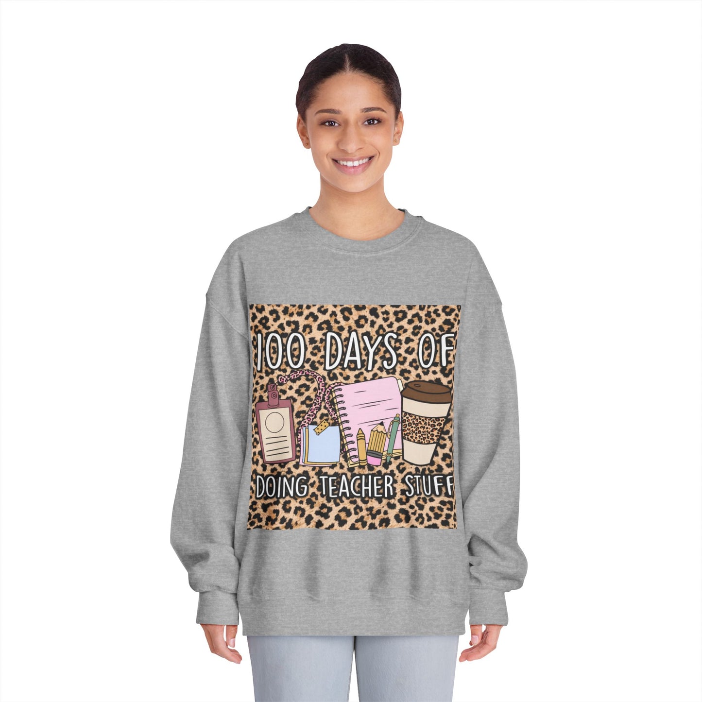 100 Days of Teaching Sweatshirt – Leopard Teacher Crewneck with Coffee & Planner Design