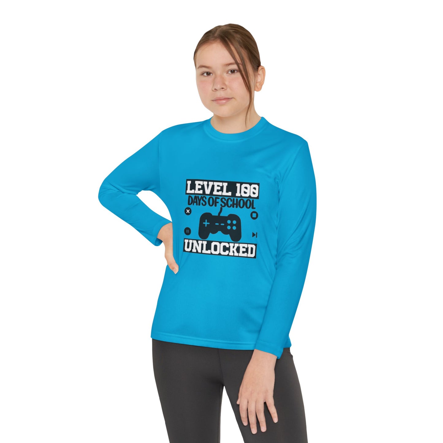 Youth Long Sleeve Tee — "Level 100 Days of School Unlocked" Gamer Shirt