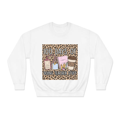 100 Days of Teaching Sweatshirt – Leopard Teacher Crewneck with Coffee & Planner Design