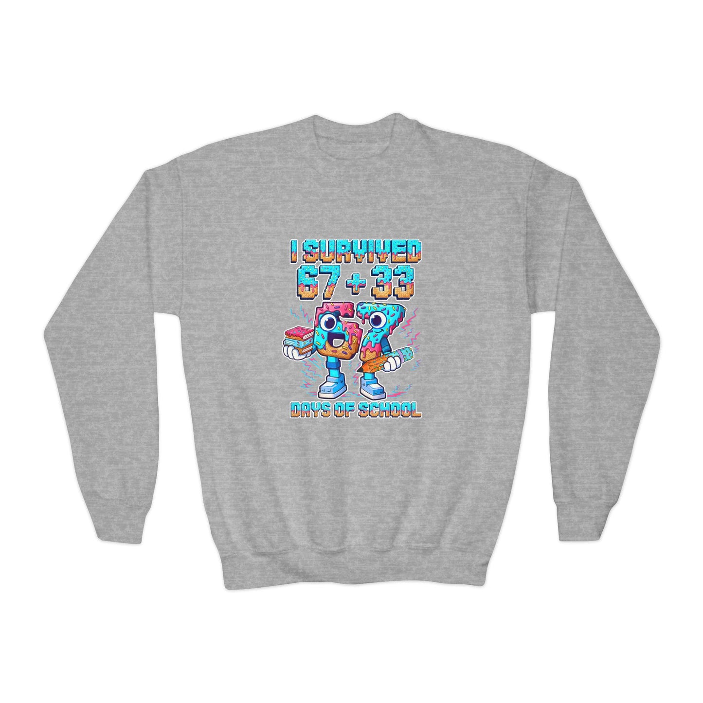 Youth Crewneck Sweatshirt — "I Survived 67 + 33 Days of School" Cute Cartoon Character End-Of-School Sweatshirt