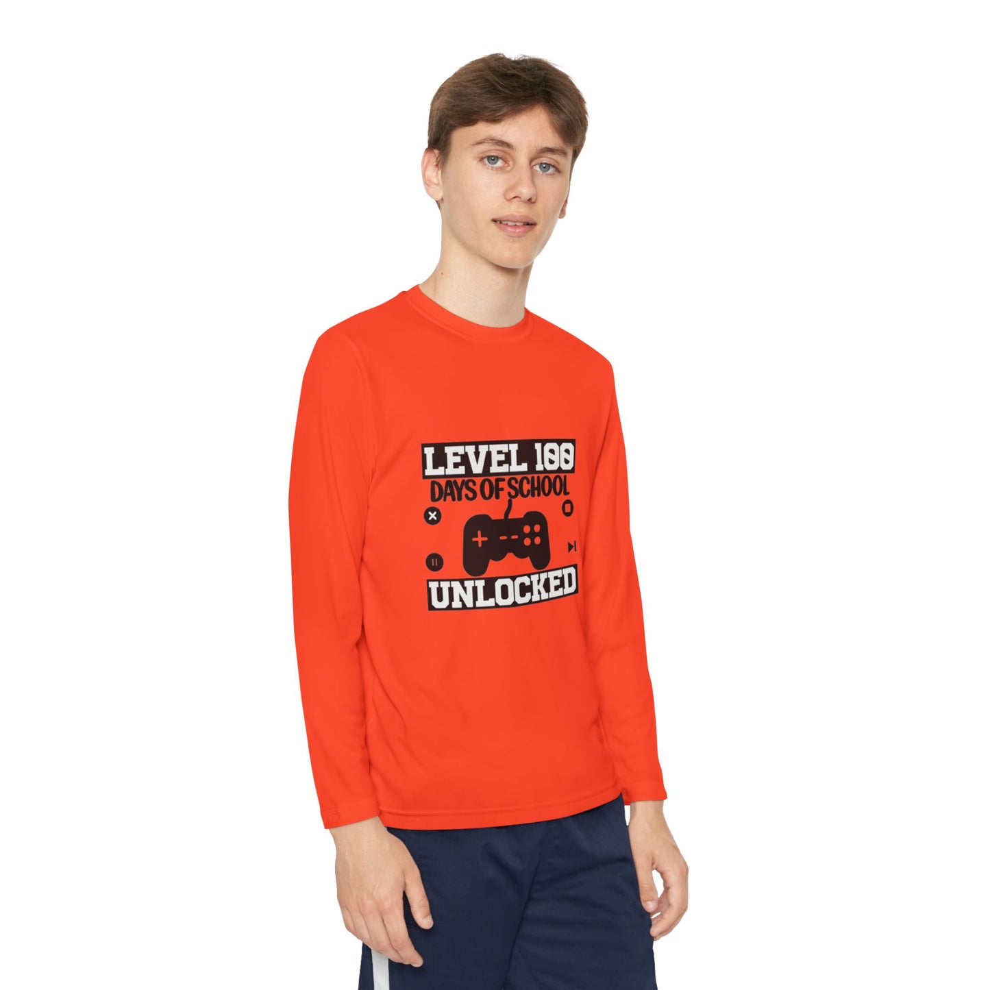 Youth Long Sleeve Tee — "Level 100 Days of School Unlocked" Gamer Shirt