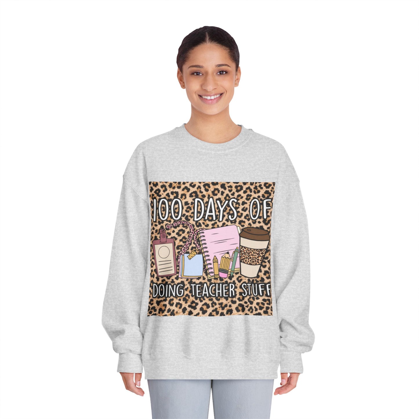 100 Days of Teaching Sweatshirt – Leopard Teacher Crewneck with Coffee & Planner Design