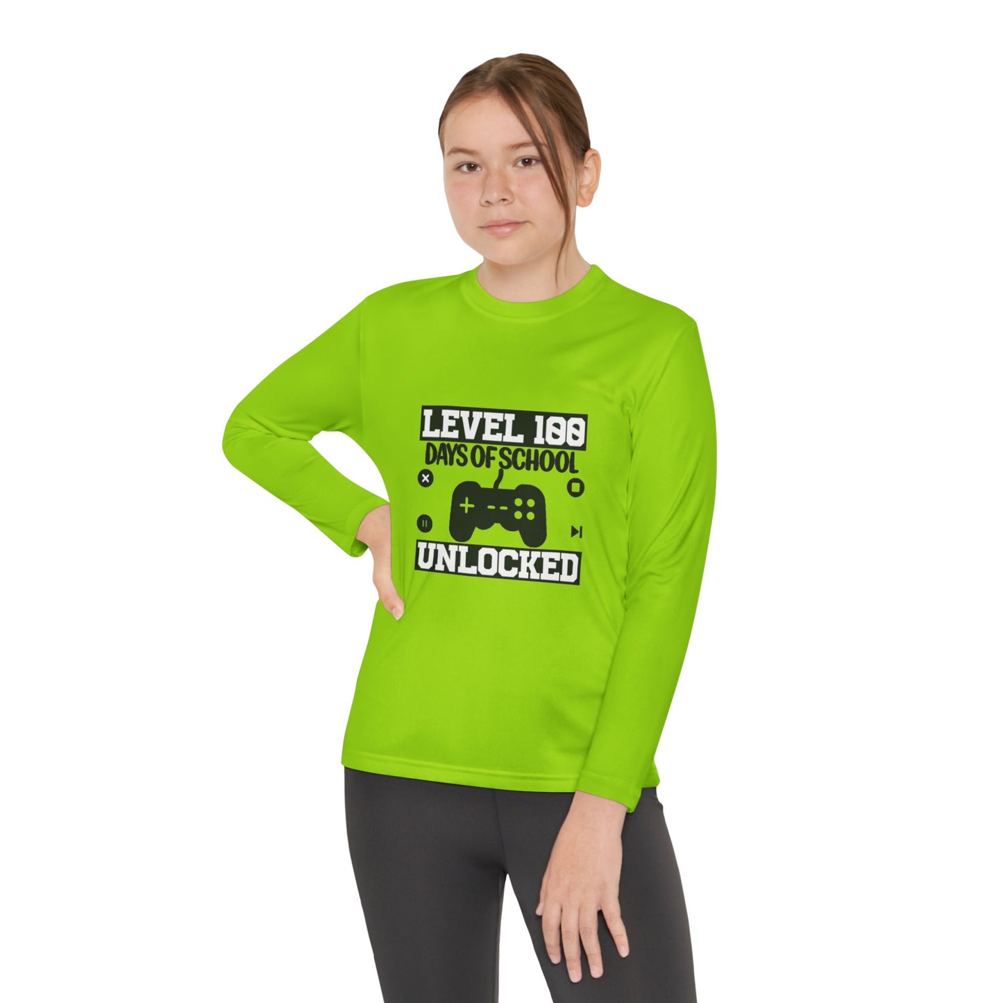 Youth Long Sleeve Tee — "Level 100 Days of School Unlocked" Gamer Shirt