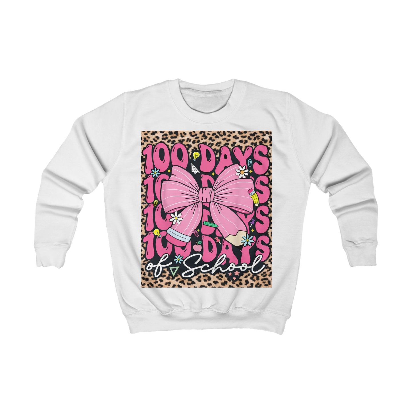 Copy of 100 Days of School Kids Sweatshirt — Pink Bow Leopard Design