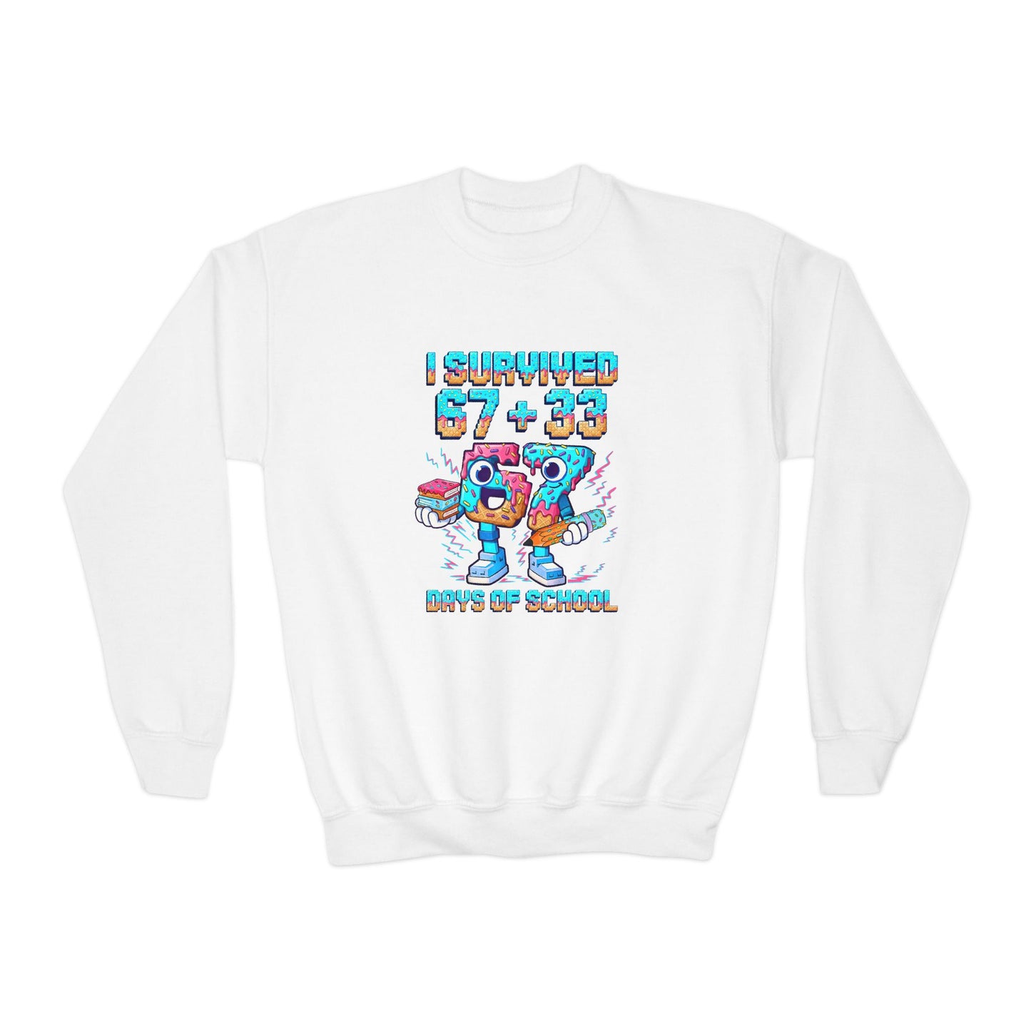 Youth Crewneck Sweatshirt — "I Survived 67 + 33 Days of School" Cute Cartoon Character End-Of-School Sweatshirt