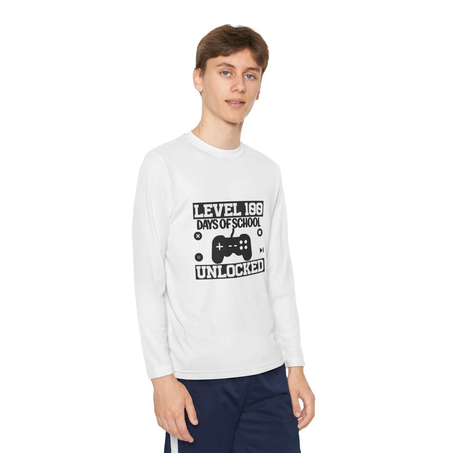 Youth Long Sleeve Tee — "Level 100 Days of School Unlocked" Gamer Shirt