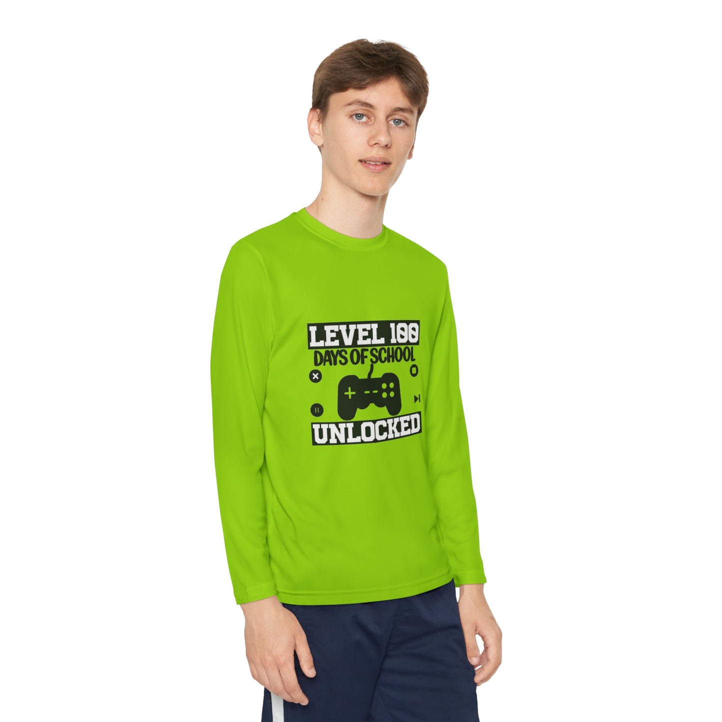 Youth Long Sleeve Tee — "Level 100 Days of School Unlocked" Gamer Shirt