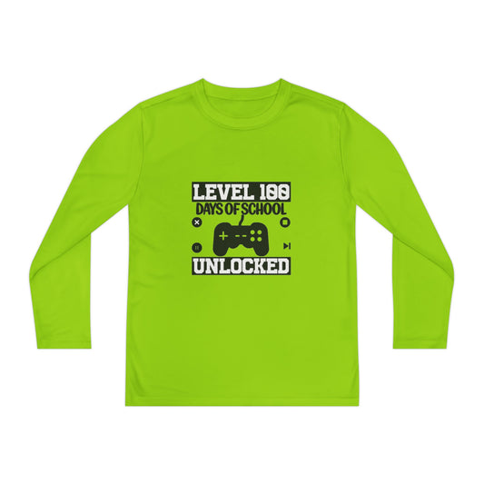 Youth Long Sleeve Tee — "Level 100 Days of School Unlocked" Gamer Shirt