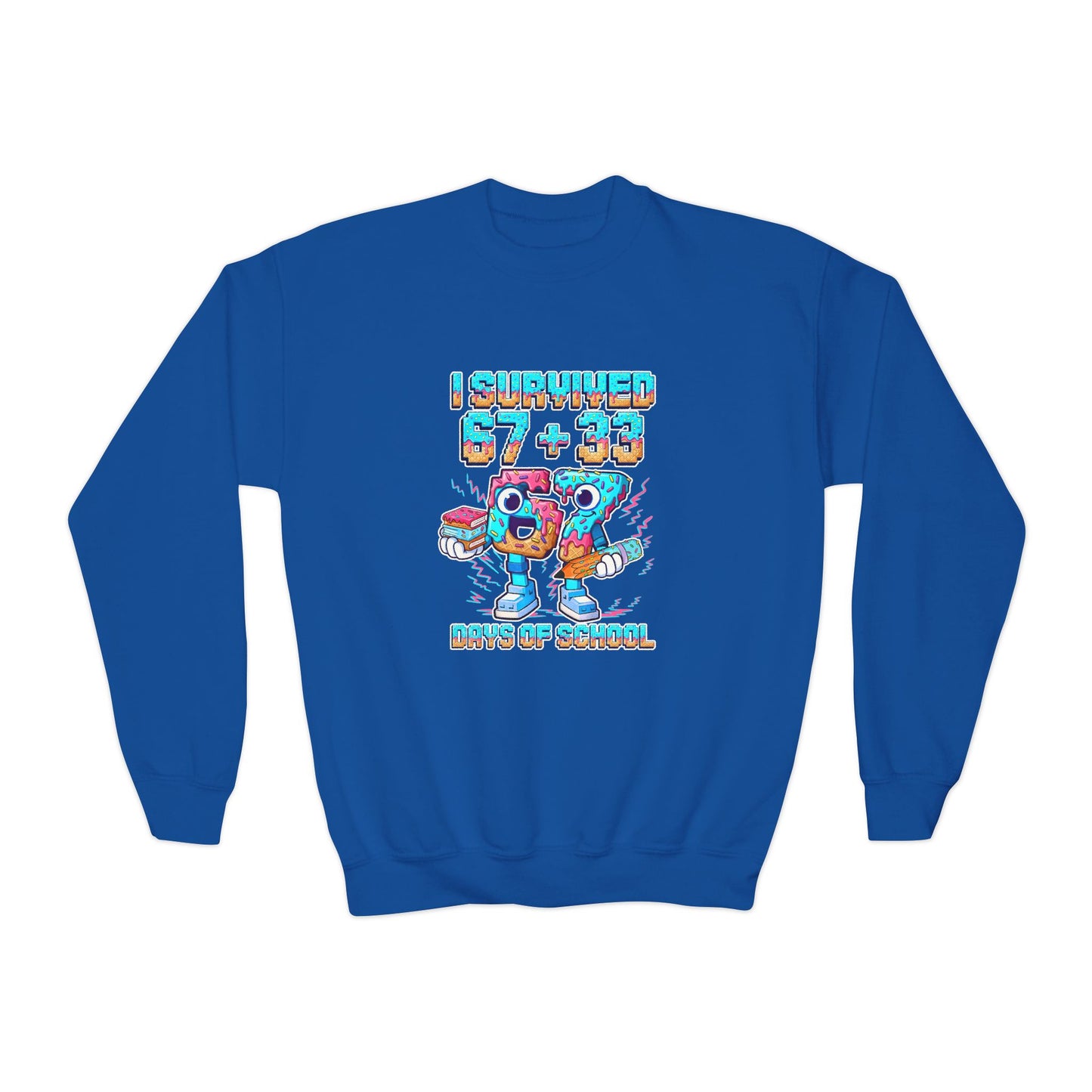 Youth Crewneck Sweatshirt — "I Survived 67 + 33 Days of School" Cute Cartoon Character End-Of-School Sweatshirt