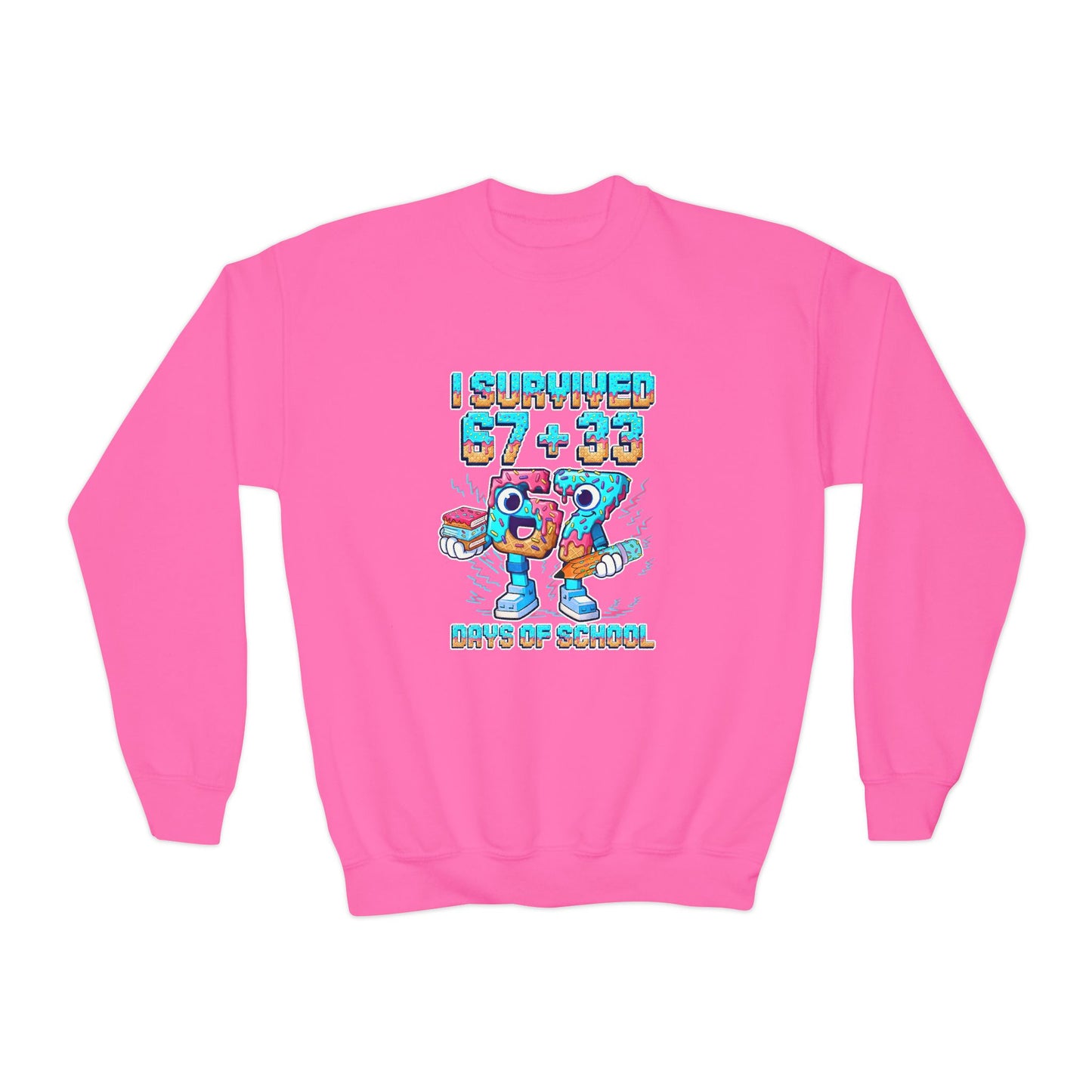 Youth Crewneck Sweatshirt — "I Survived 67 + 33 Days of School" Cute Cartoon Character End-Of-School Sweatshirt