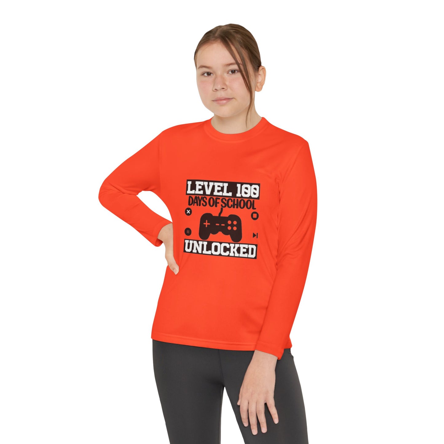 Youth Long Sleeve Tee — "Level 100 Days of School Unlocked" Gamer Shirt
