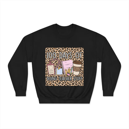 100 Days of Teaching Sweatshirt – Leopard Teacher Crewneck with Coffee & Planner Design